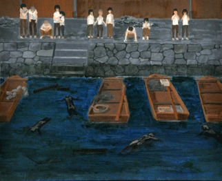 Half-submerged corpses between boats in the harbour
