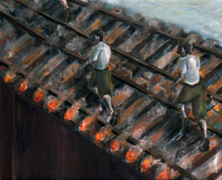 Railway ties on fire
