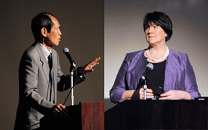 Mr. Kazumi Mizumoto (left) providing a clear commentary on the speech by Ms. Patricia Lewis (right)