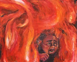 Girl asking for help from the midst of the flames