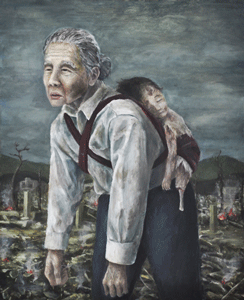 Old woman bringing home her granddaughter she finally found in the ruins—the girl's leg below the knee was only a bone—