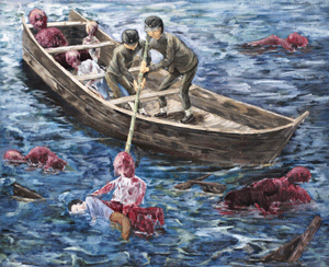 Soldiers recovering the remains of people who died in the river