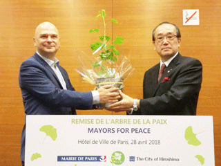 Deputy Mayor Peninou receiving the sapling of an atomic bomb survivor tree