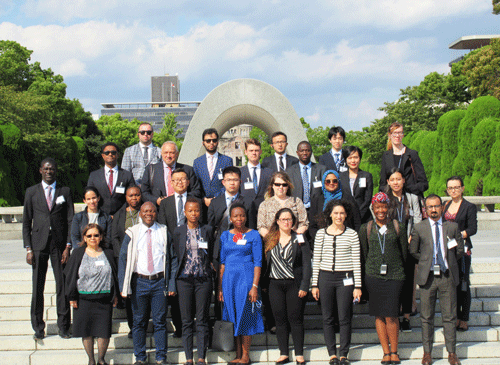 The group of fellows after presenting flowers at the Memorial Cenotaph for the Atomic Bomb Victims