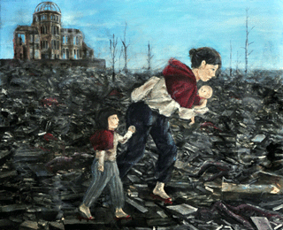 Family walking over the rubble