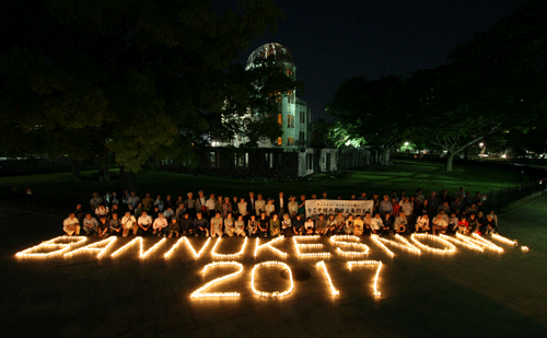 'BAN NUKES NOW! 2017' written with 1,000 candles in front of A-Bomb Dome, as a message to the world (June 15, 2017)