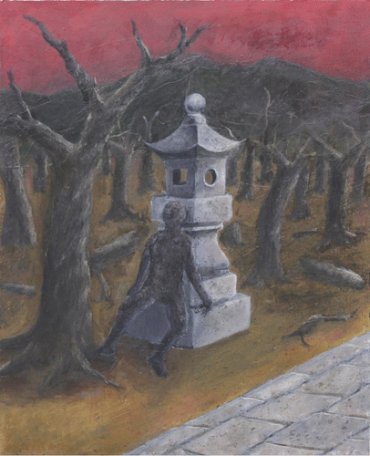 Blackened corpse leaning on a stone lantern by Harune Kikkawa and Yoshinori Kuniwake