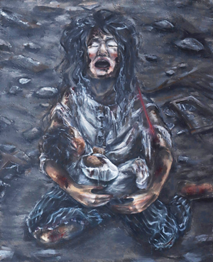 A mother holding her baby, blood spurting from her arm, screaming Help!