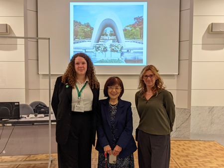 Ms.Teruko Yahata (middle), an atomic bomb survivor, and two interns
