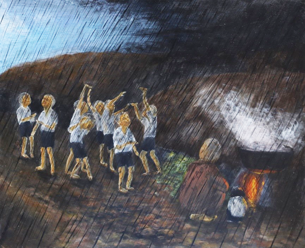 Children excited by the sudden 'black rain'