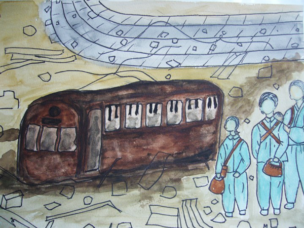 Arms Holding onto Straps / Painted by Kiyomi Kono