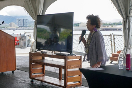 Sadae Kasaoka giving her testimony at the Battleship Missouri Memorial