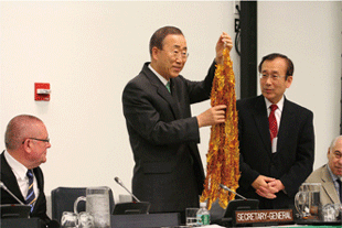 潘基文事務総長（写真中央）に金の折り鶴を手渡す秋葉市長