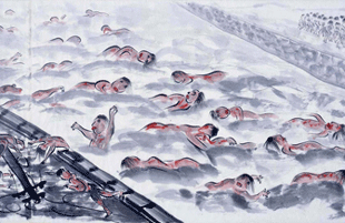 元安川を流れる死体（「市民が描いた原爆の絵」池亀春男さん作）