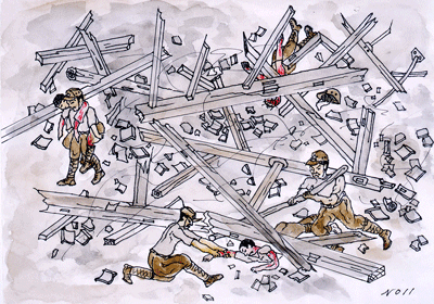 建物の下敷きになった人を助け出す兵士たち。救援隊の中にも放射線の影響で倒れたり亡くなる人が出た。「市民が描いた原爆の絵」田島武雄さん作