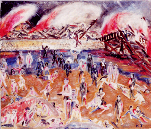 「市民が描いた原爆の絵」にげまどう被爆者たち（福島橋東詰の川原）-作者／玉田吉之助氏