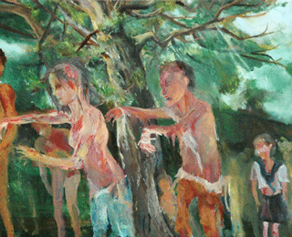 「被爆楠と比治山に逃げ込む人々」