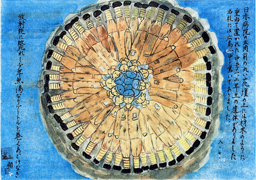 まるで材木のように重ねられた中学生の遺体（「市民が書いた原爆の絵」／作者　河野キヨ美）