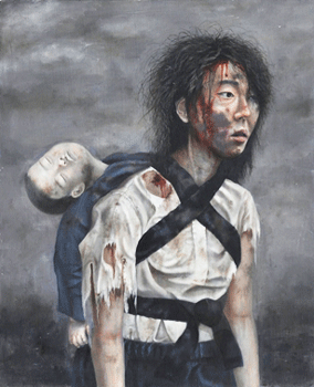 「死んだ我が子を背負う若いお母さん」